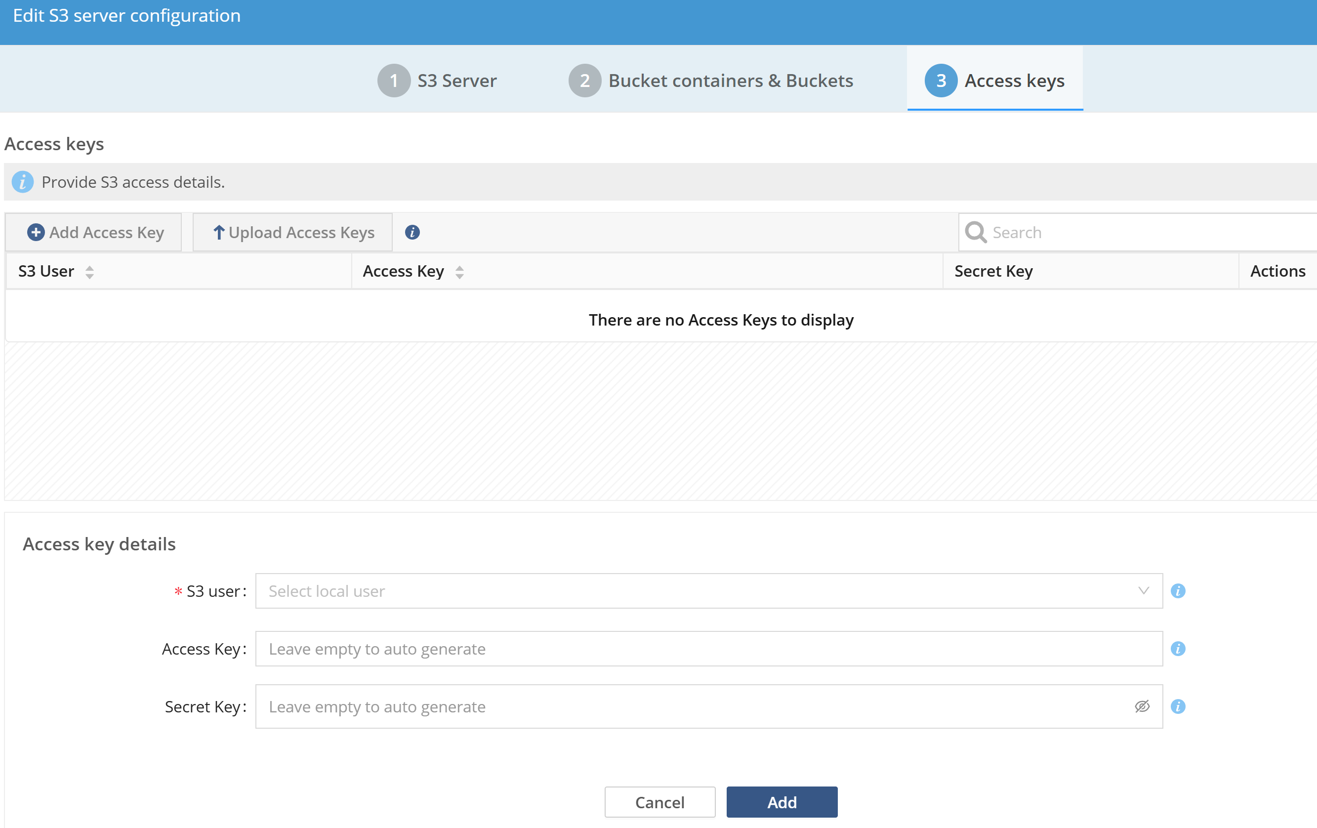 admin adding an access key to an s3 server image1