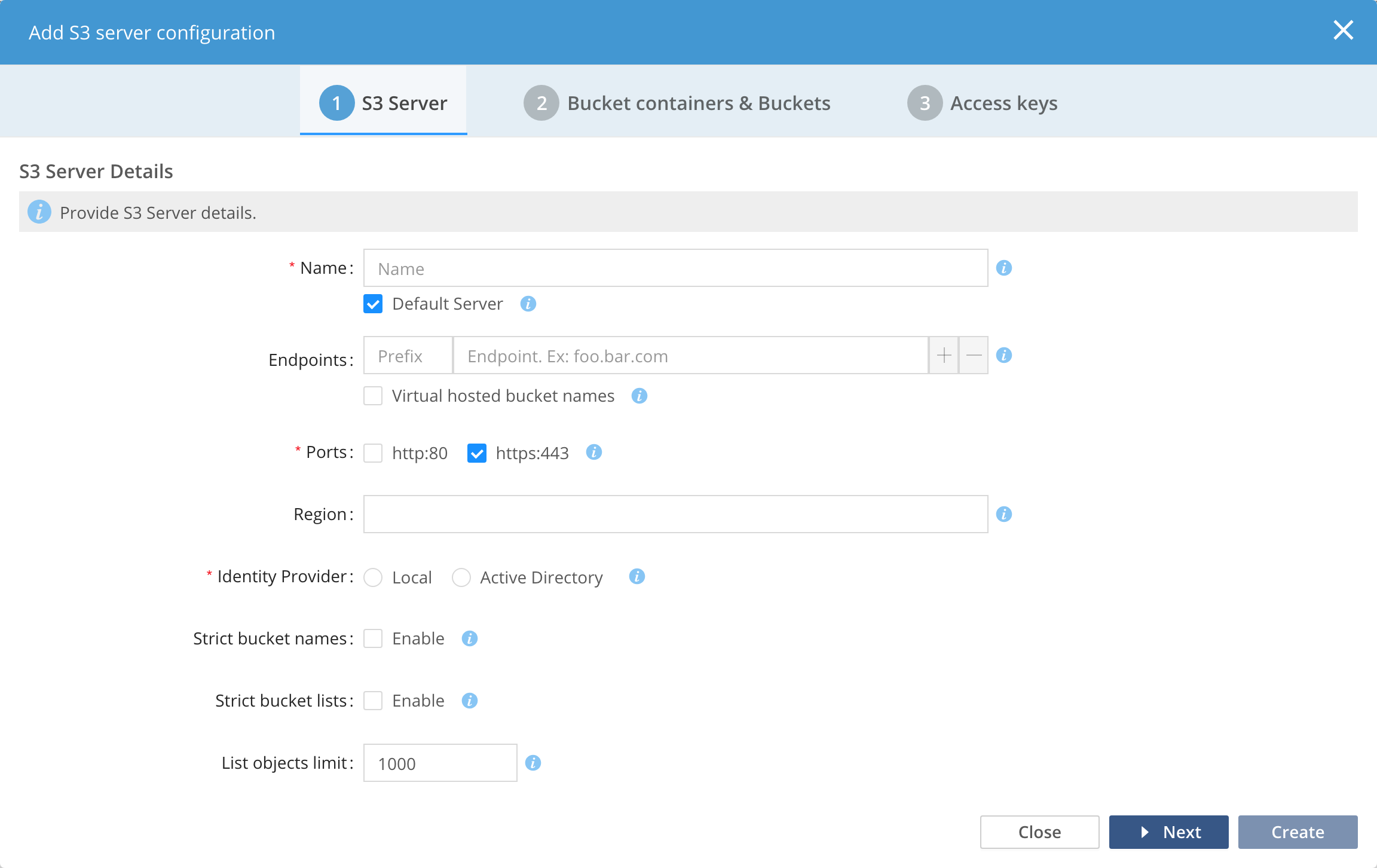 admin creating an s3 server using the gui image2