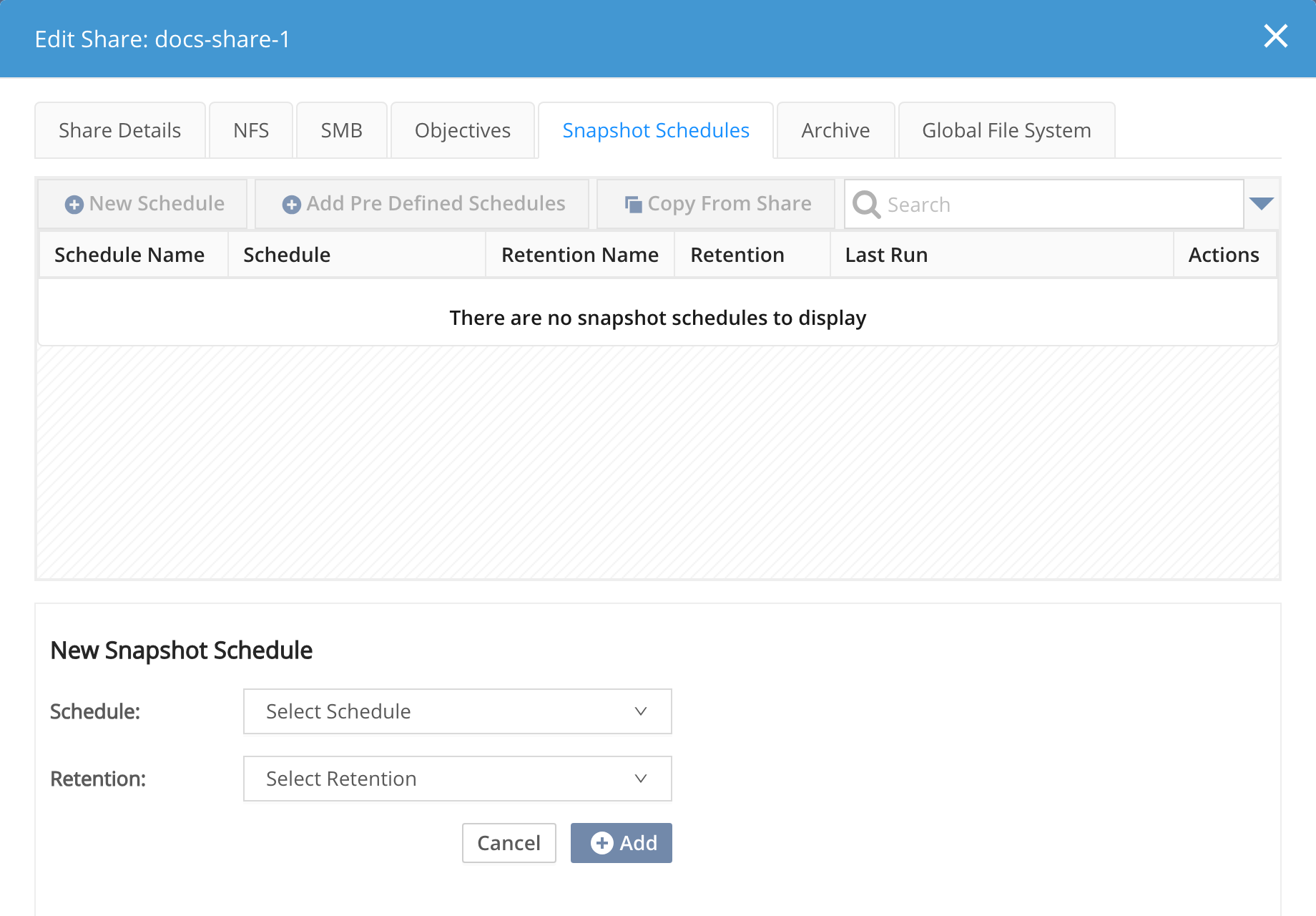 admin creating snapshot schedule in the gui image2