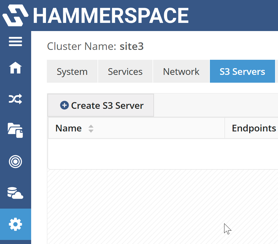 admin creating an s3 server using the gui image1