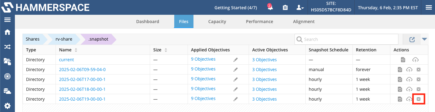 admin deleting snapshots using the management gui image1