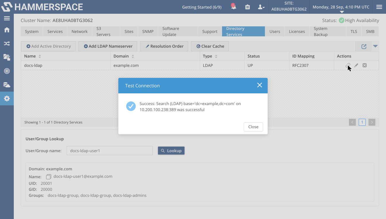 admin testing the connection to a name service image1