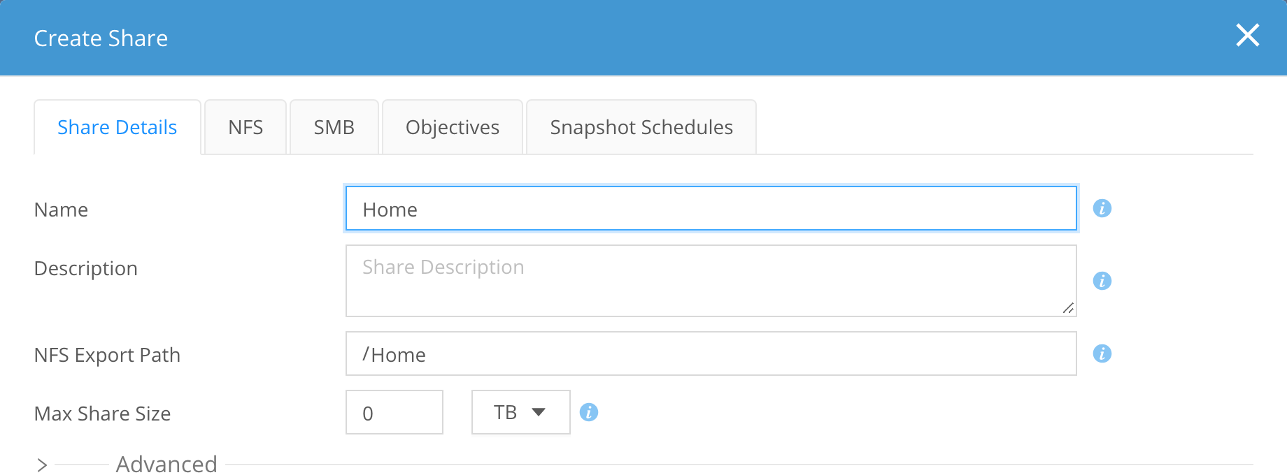 The Create Share dialog showing Name set to Home and NFS Export Path auto-filled to /Home
