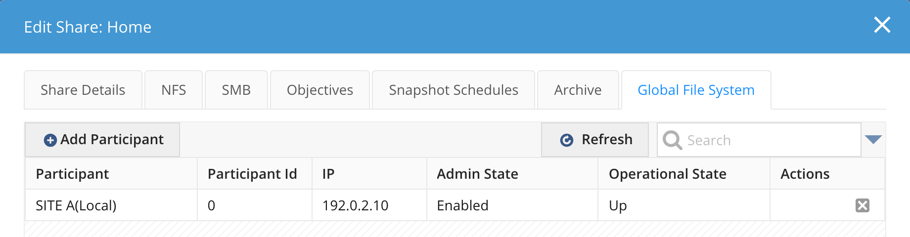 The Global File System tab of the Home share showing only the local site as a participant