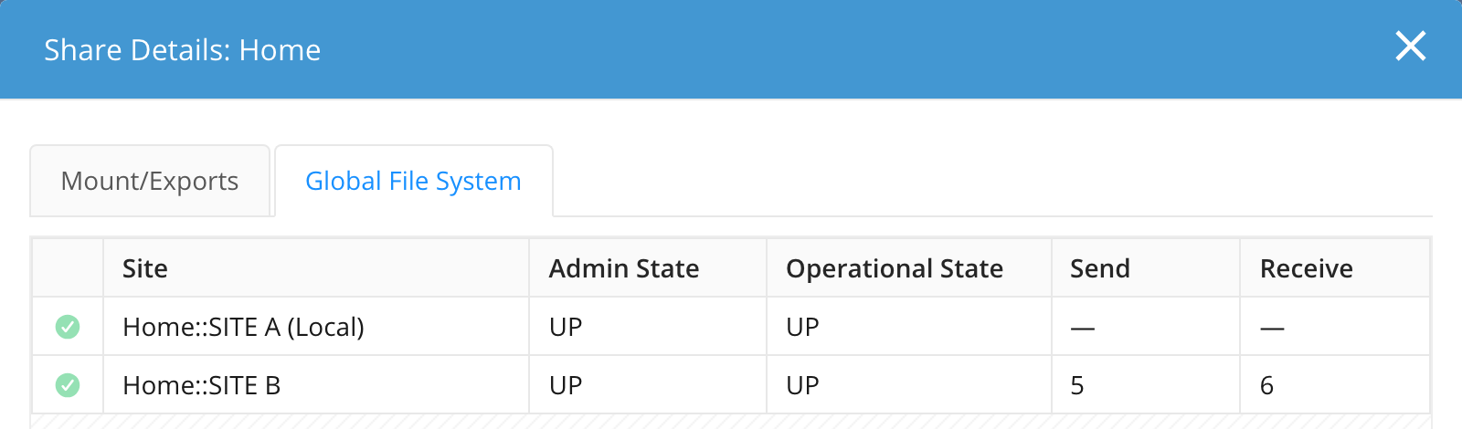 The Share Details Global File System tab listing both participants with Admin State and Operational State UP and a populated Send latency value for the remote participant